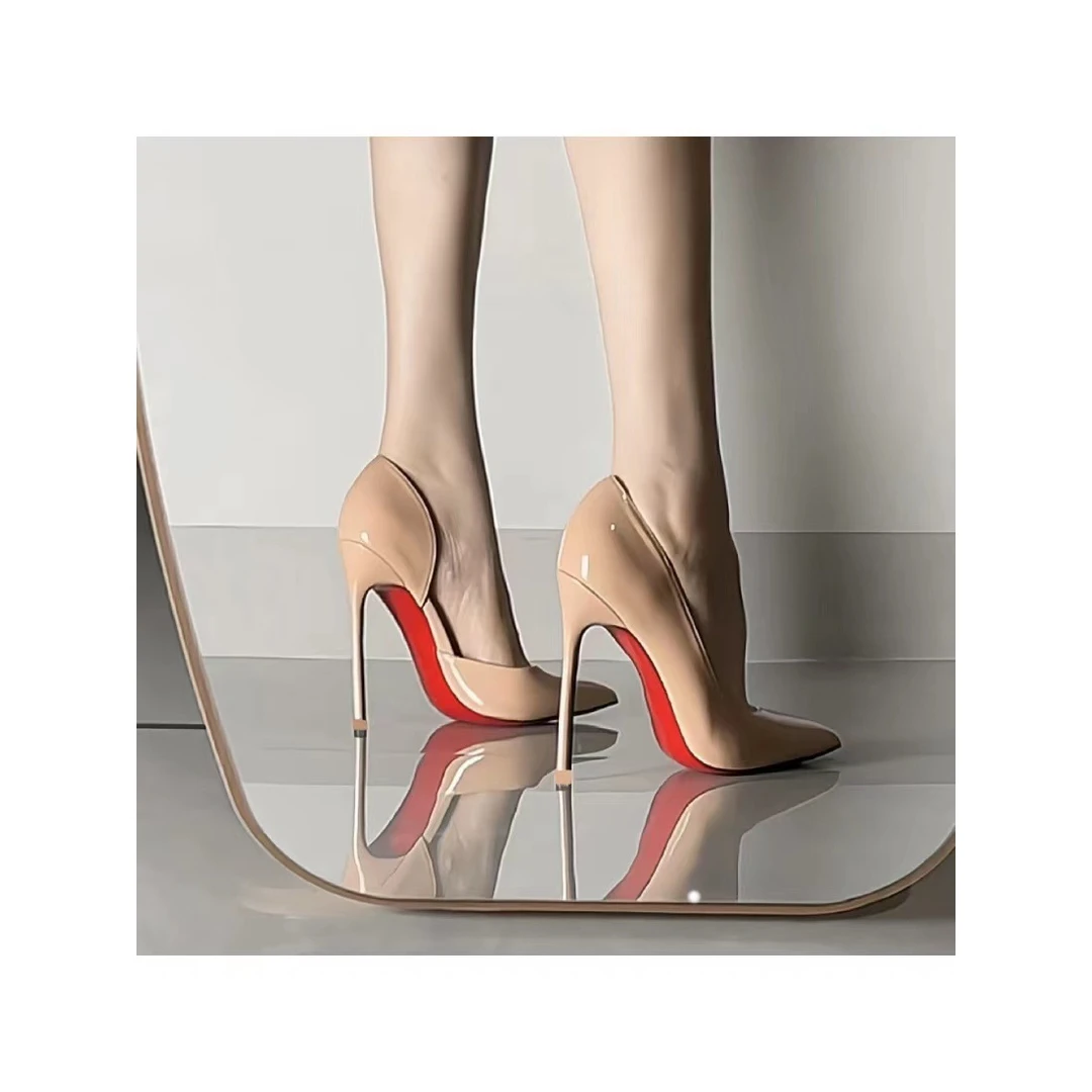C417侧空红底高跟鞋细跟女2024年新款网红小众设计感漆皮床上单鞋