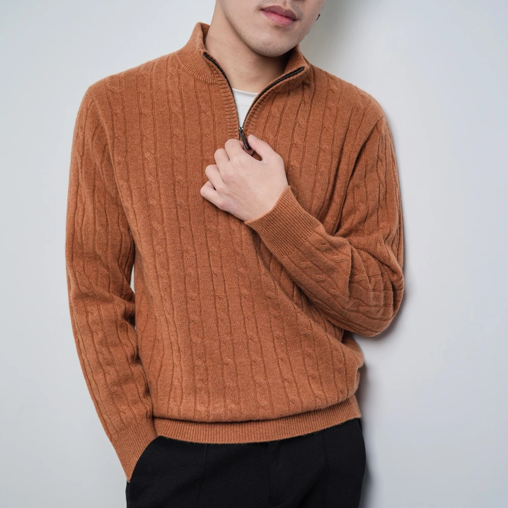深欧服饰100%羊毛加厚男士高档半拉链针织衫冬季保暖新款打底衫男