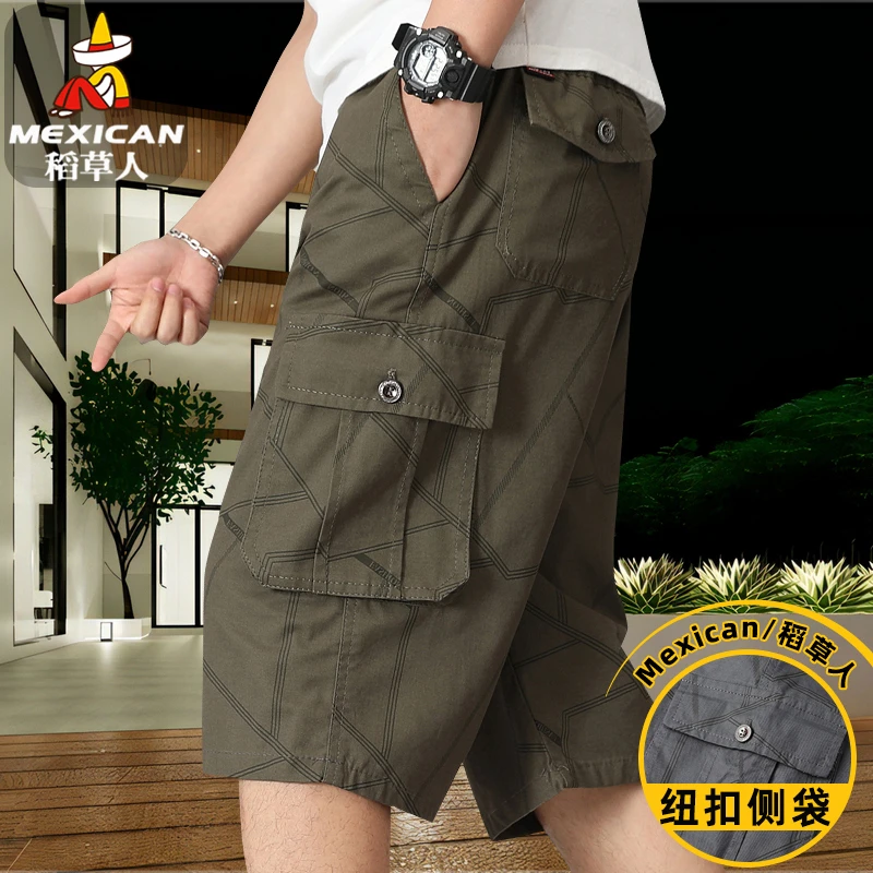 稻草人纯棉七分裤男士夏季薄款户外潮流C2aI爸爸中裤中老年短裤子