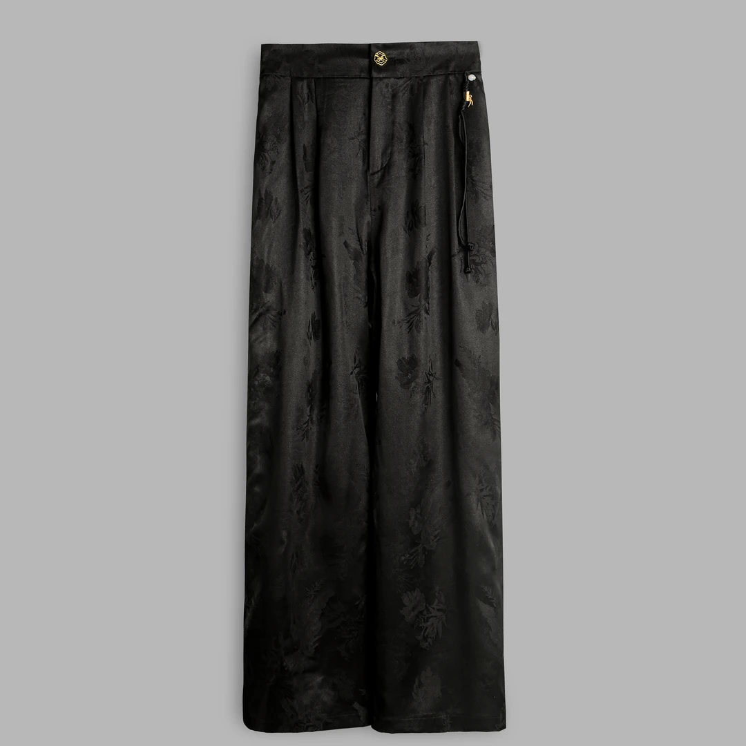 新中式提花香云纱宽松阔腿裤女桑蚕丝国风松紧腰长裤非遗传承手工