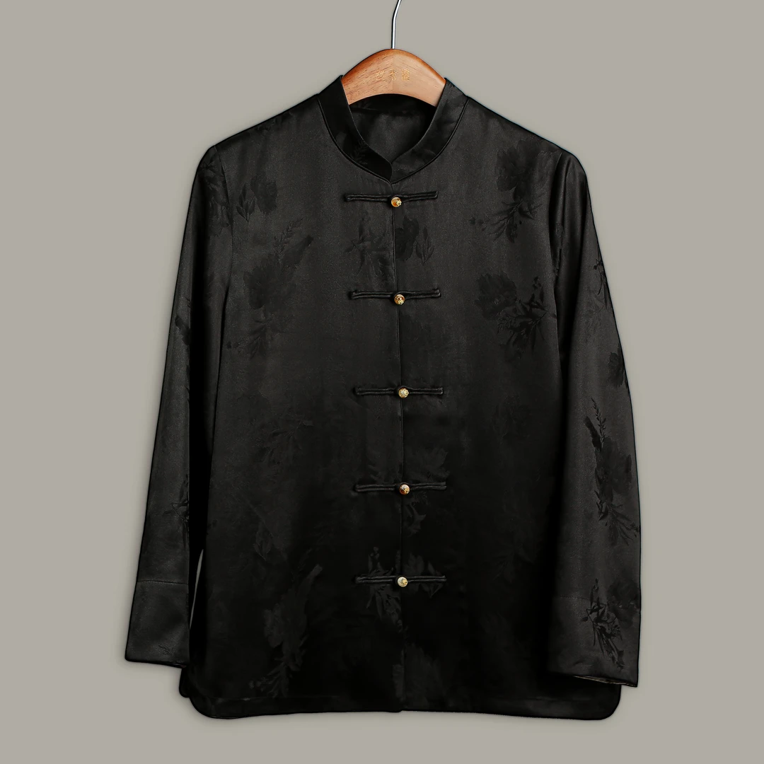 真丝上衣女40姆米中国风提花缎新中式唐装女士上衣开襟盘扣女外套