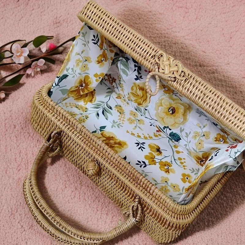 天然植物藤手工精编印花内衬手机包复古风化妆包19.5*11.5*6.5cm