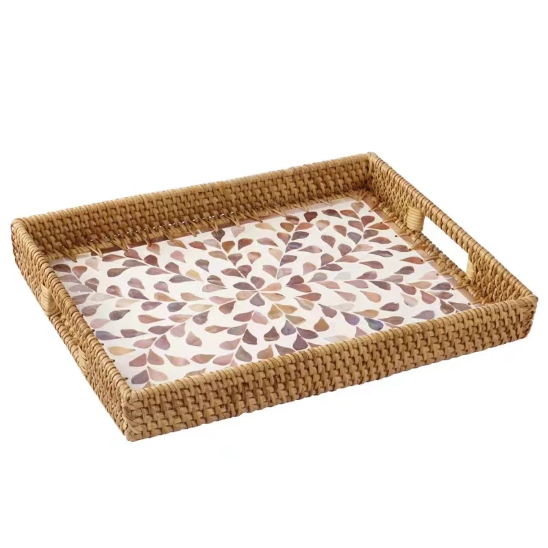 015藤编贝壳香槟金方形提手托盘33*23*4cm