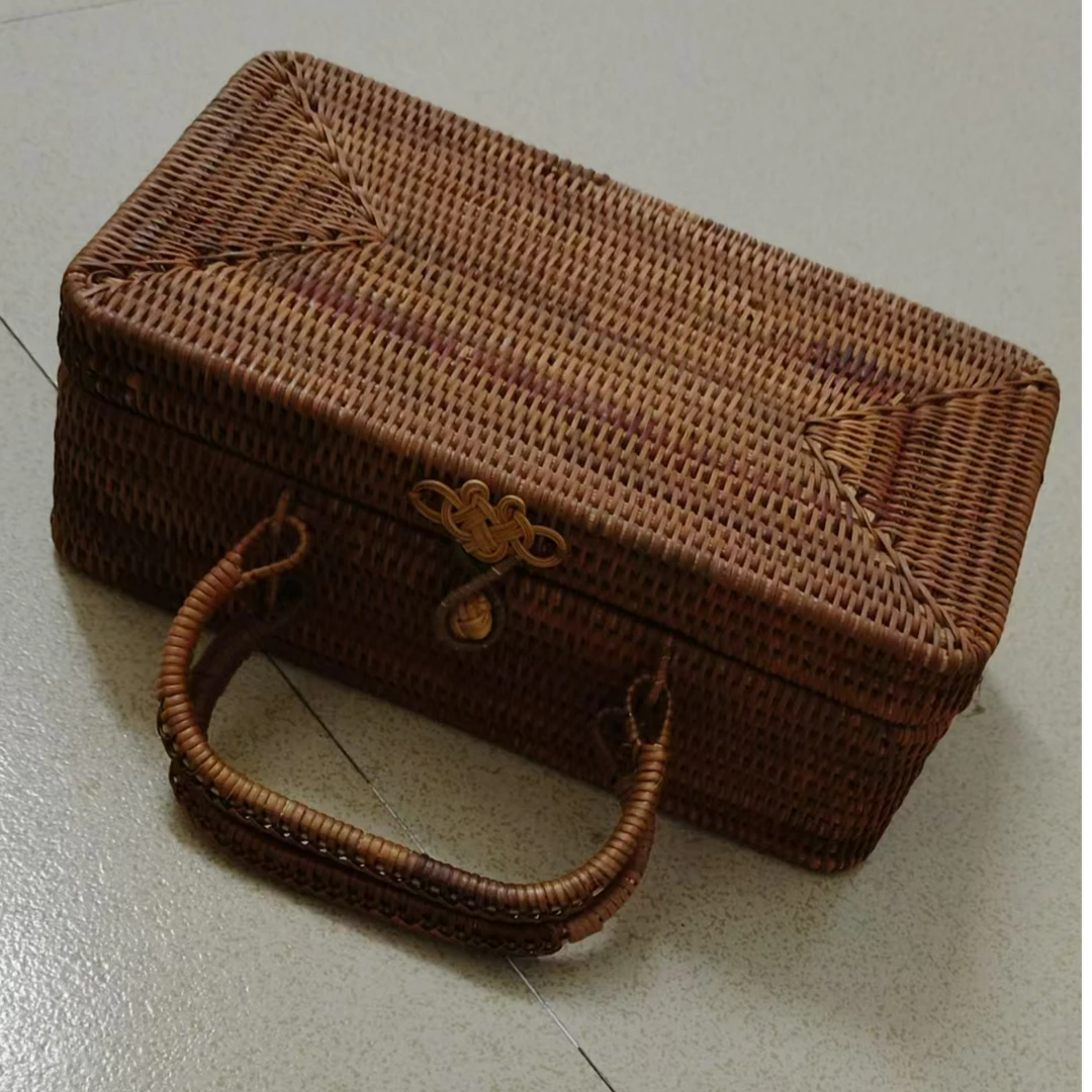 棕色植物真藤纯手工双层木质精编包家用复古国风小提篮20*11*7cm