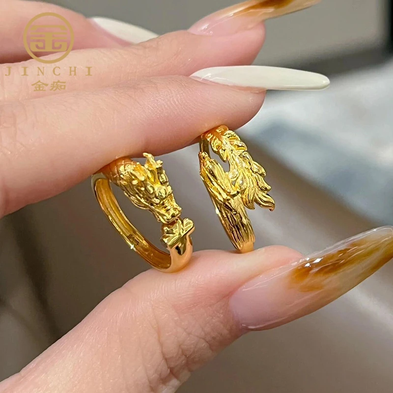 999足金龙凤戒指黄金男女款5G金活口情侣对戒结婚首饰实心素圈戒