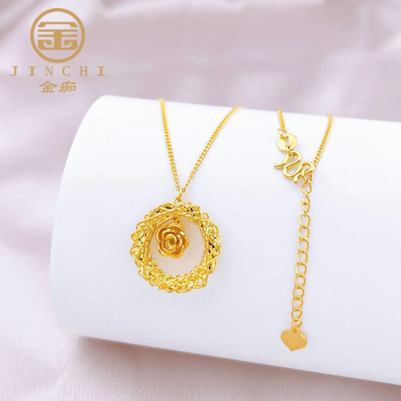 999足金捕梦网玫瑰花套链 绕线玫瑰花圆环锁骨链情人节纪念日送礼
