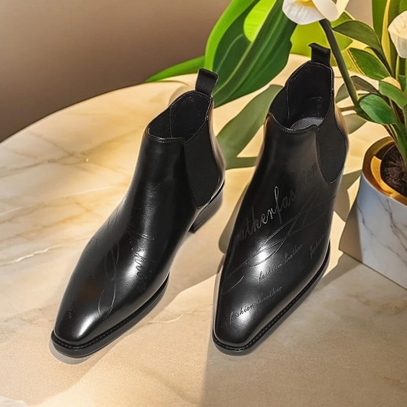 新款秋冬切尔西短靴一脚蹬激光印花时尚百搭英伦正装短靴休闲皮靴