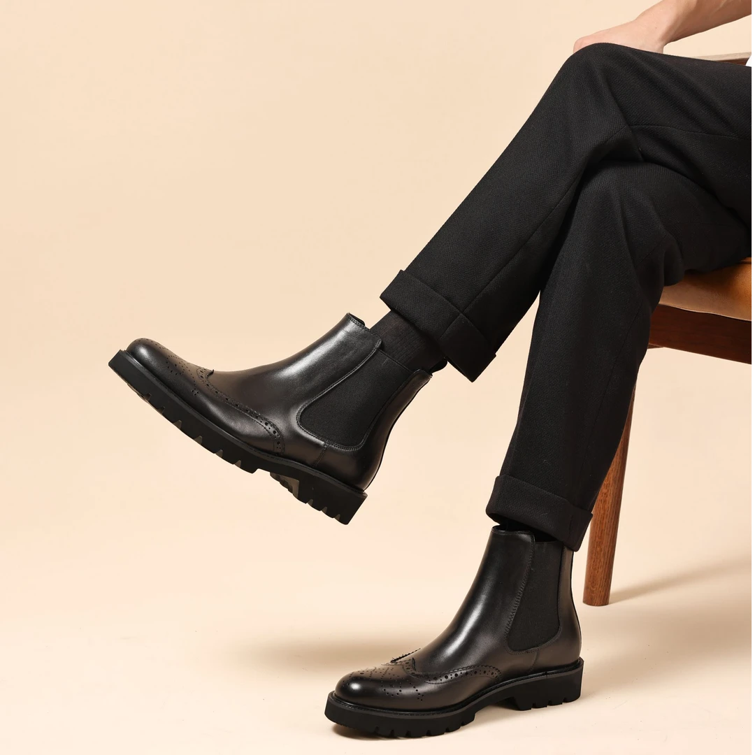 男士潮流头层牛皮切尔西靴高帮布洛克雕花厚底商务休闲真皮短靴