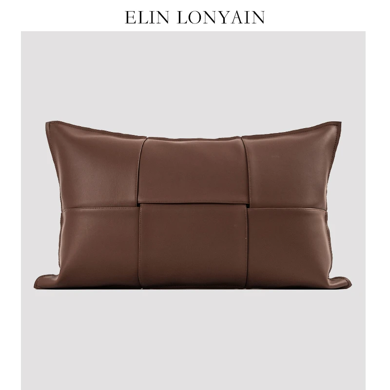 ELIN LONYAIN现代简约轻奢咖色皮质编织靠垫抱枕样板房方枕腰枕