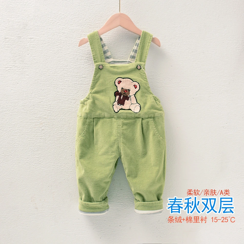 宝宝背带裤春秋新款条绒双层0-3岁男女婴儿纯棉A类可开档小童裤子