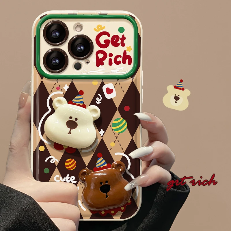 适用苹果15pro手机壳iphone14/13菱格圣诞小熊公仔11/12翻盖镜子x