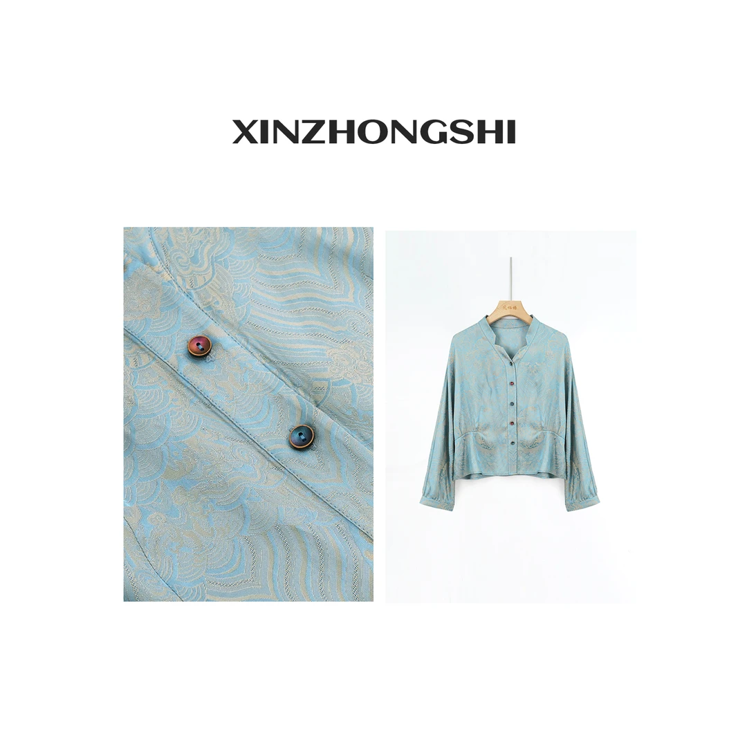 【蓝灵】2024春上新立领提花上衣清冷风双色衬衫FB24011504