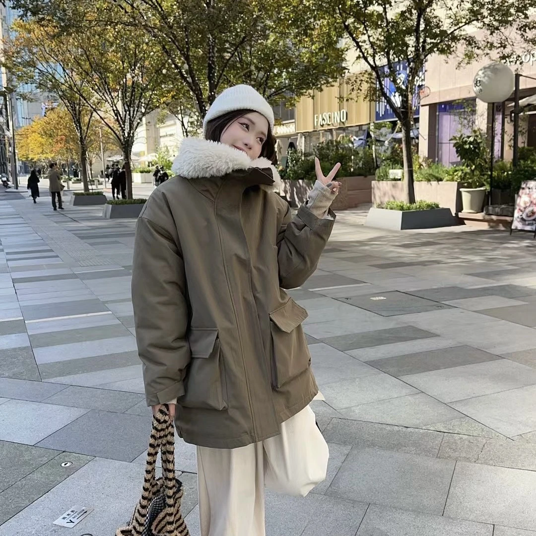 2024冬季新款复古港风气质加厚羊羔毛加厚棉衣外套女百搭宽松棉服