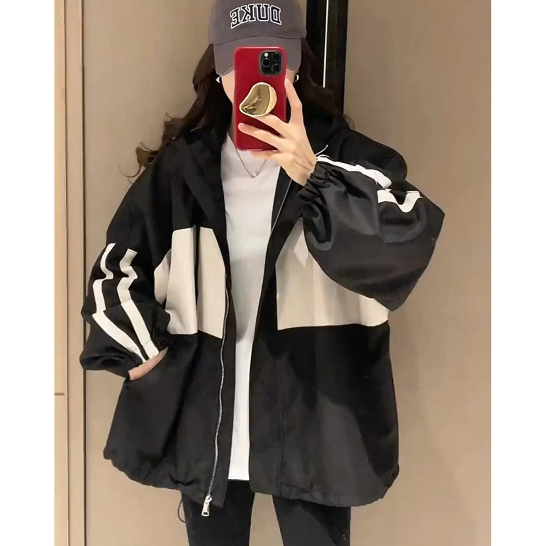 撞色冲锋衣女春秋季欧货高端休闲夹克防晒连帽大码防风棒球服外套