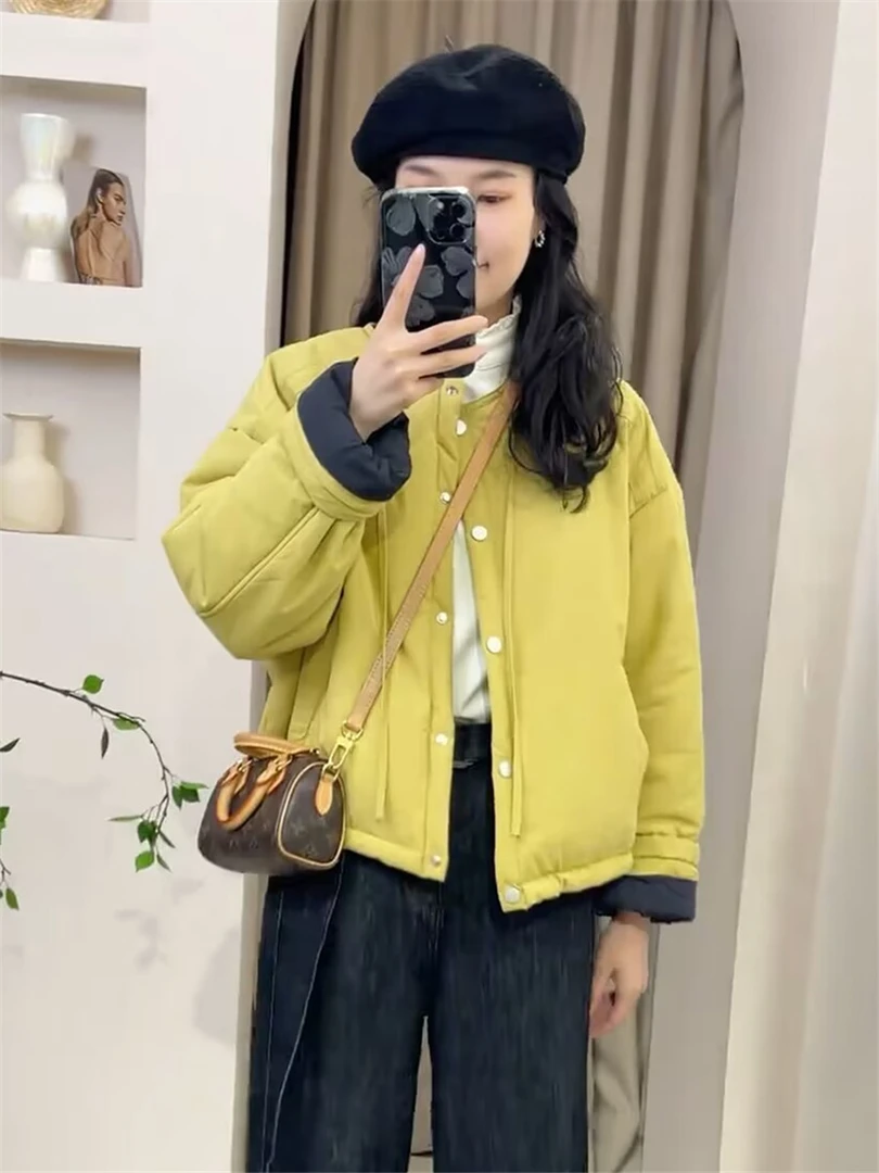 撞色圆领棉衣夹棉短外套女2024冬季新款小个子休闲宽松轻薄小棉袄