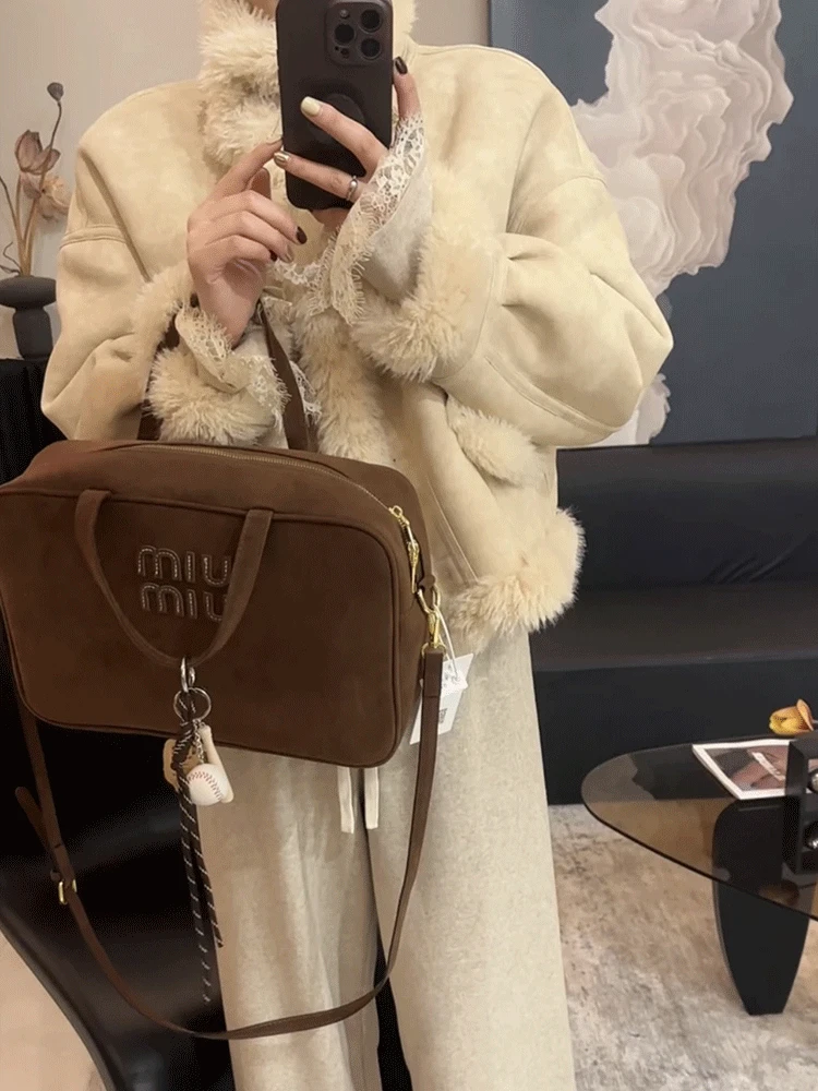 羊羔毛皮毛一体短外套女2024冬季新款小个子加厚保暖机车毛毛上衣