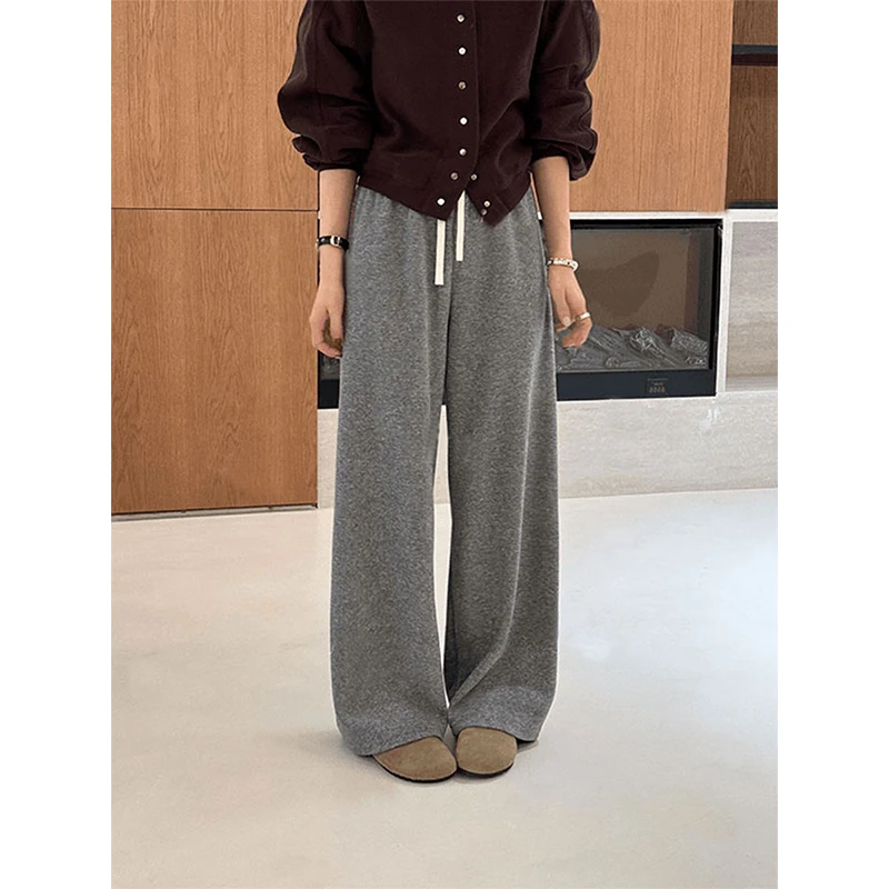 高级感直筒阔腿灰色毛巾裤女垂感拖地长裤加厚休闲裤子糯米阔腿裤