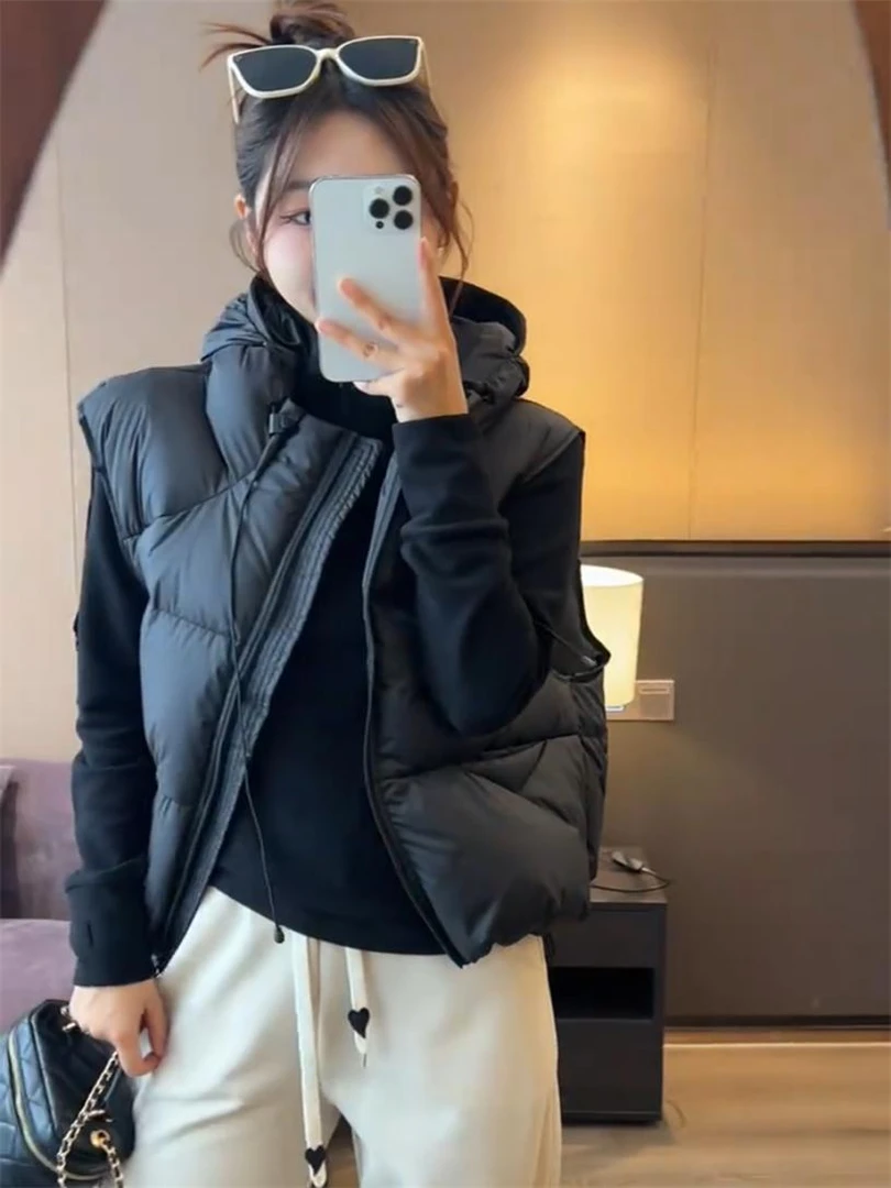 轻薄泡芙连帽羽绒马甲女外搭2024冬季保暖加厚白鸭绒坎肩背心外套