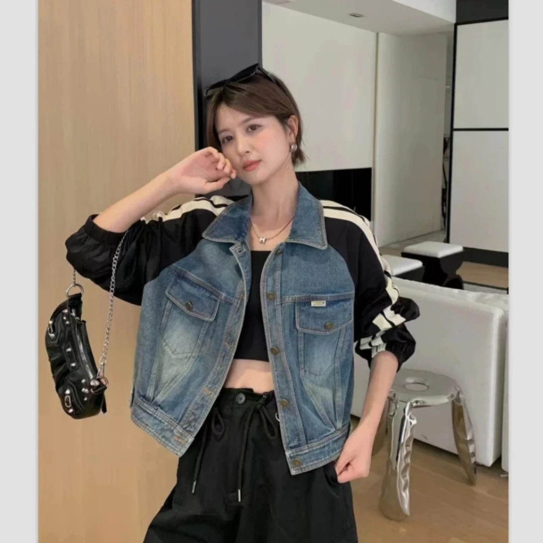 牛仔拼接休闲条纹外套女2023秋季新款设计感冲锋衣撞色夹克上衣潮