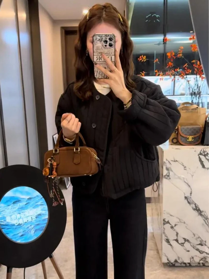 欧货时尚洋气竖条夹棉外套女2024秋冬小个子宽松休闲加厚短款棉服