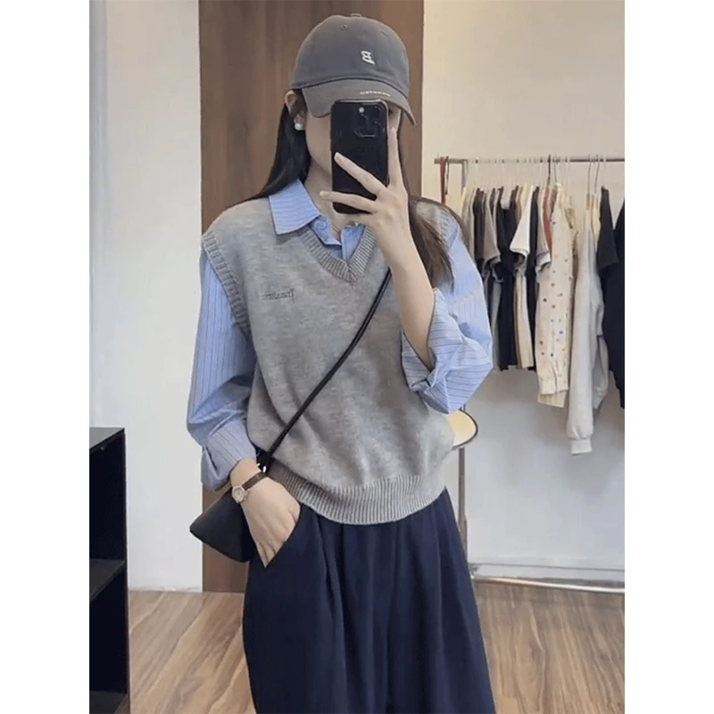 韩系学院风假两件马甲衬衫女秋季2024新款时尚设计感宽松别致上衣