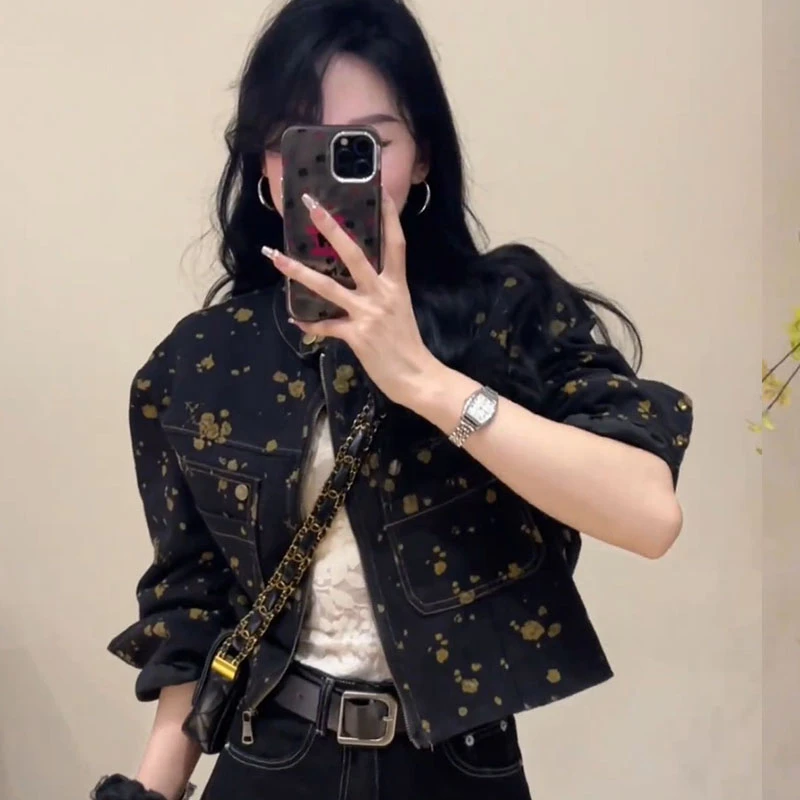 复古重工高级感印花牛仔短外套女宽松显瘦设计感小众气质立领上衣