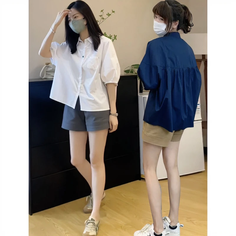 欧洲站小个子短袖别致衬衫女夏季设计感小众polo领泡泡袖开衫上衣
