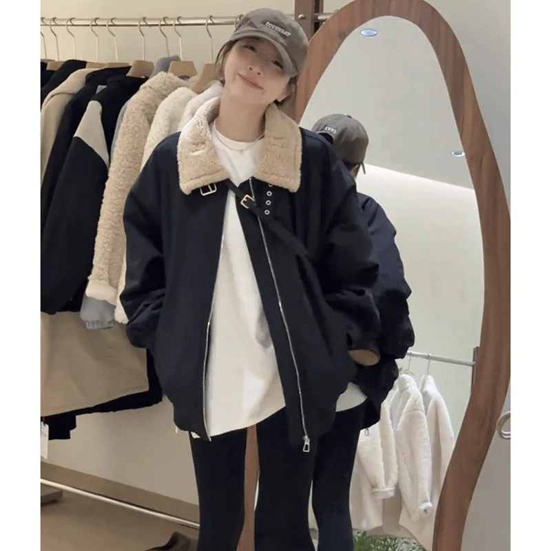 洋气保暖夹棉工装派克服羊羔毛领拉链棉服棉衣女外套韩系宽松上衣