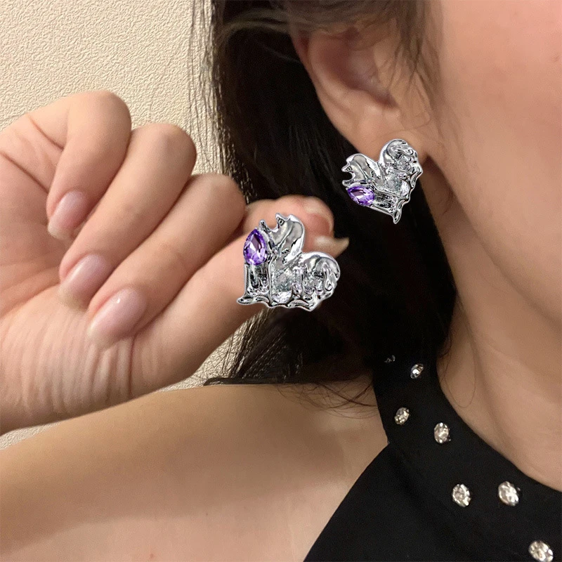 韩国小众设计不规则爱心水滴耳钉女复古时尚气质粉钻耳环耳饰批发