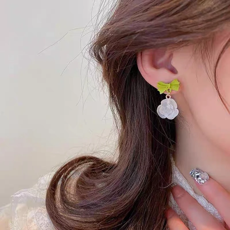 合金亚克力耳饰 糖果绿蝴蝶结花朵耳环气质可爱百搭少女法式小众