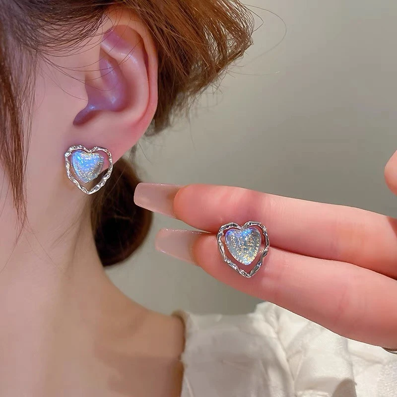 非金属琉璃耳饰 银色镂空甜酷风爱心耳钉气质轻奢时尚百搭法式ins