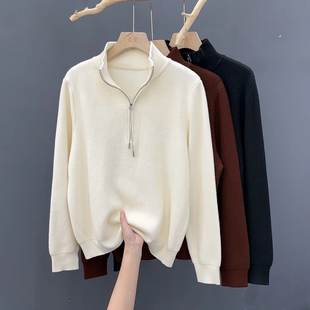 2024年新款秋冬半拉链立领长袖针织衫遮肚显瘦内搭外穿毛衣女上衣