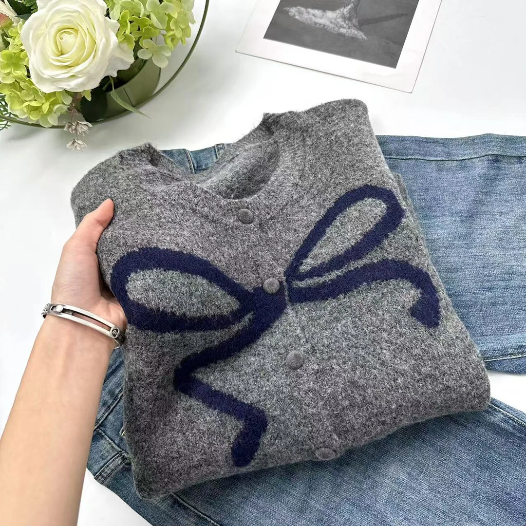 飞飞家 冬款开衫韩版慵懒风蝴蝶结针织衫Y5694灰