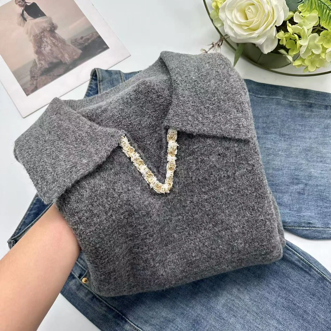 飞飞家 小众设计感冬季新款慵懒感纯色简约翻领针织衫Y5819灰