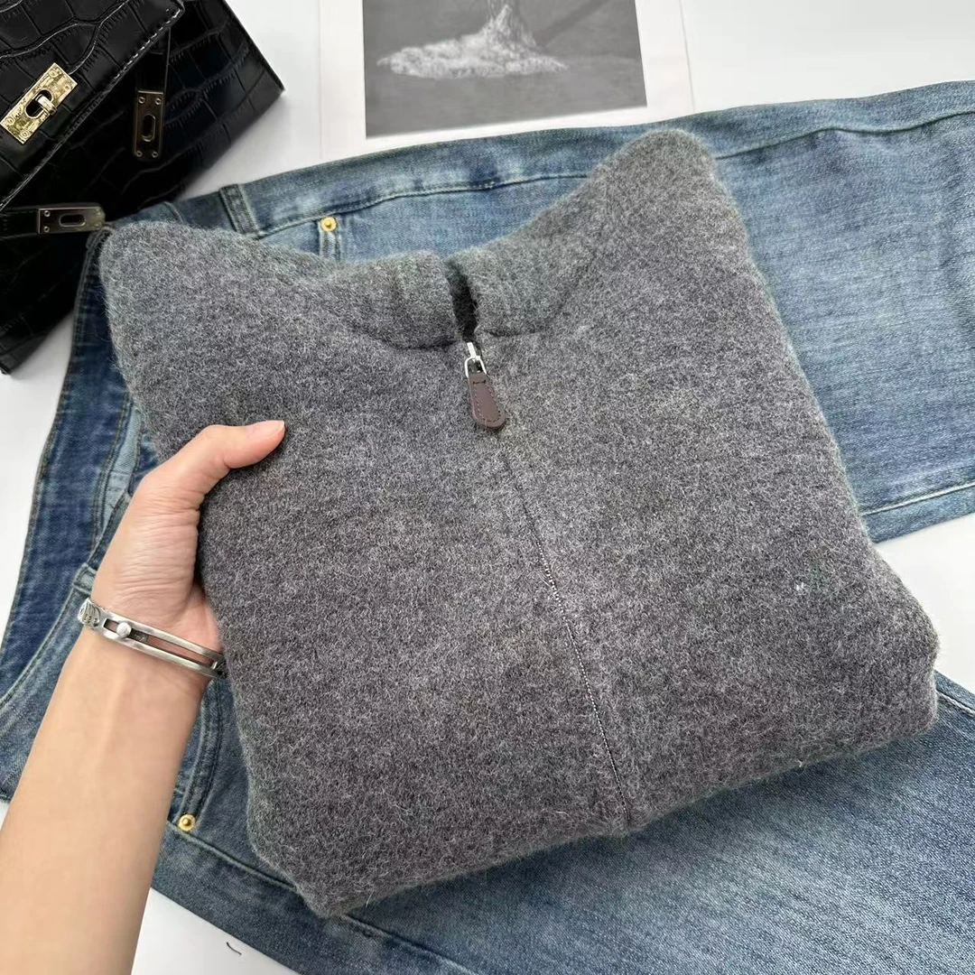 飞飞家 欧洲站！700多克冬款帽衫纯色简约拉链针织衫Y5535灰