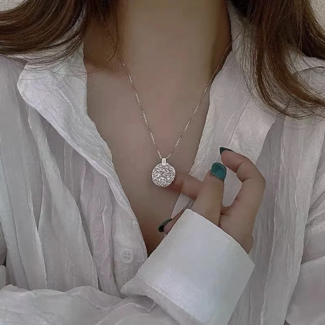 坠链均925银 不规则圆形捶打纹肌理感项链女高级感气质百搭毛衣链