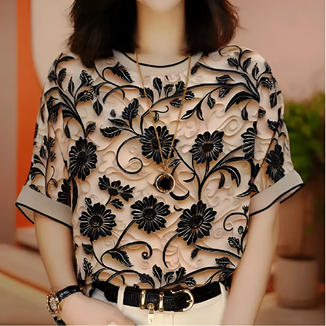 夏季新款时尚轻奢高级感气质圆领花色小衫洋气百搭短袖上衣