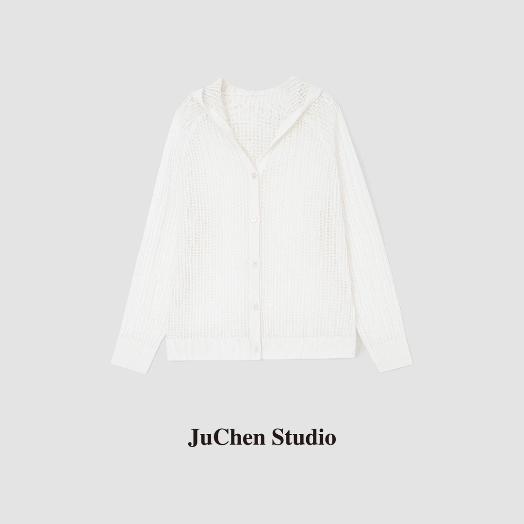 干爽亚麻莱赛尔粗针镂空肌理顺滑连帽针织开衫罩衫FWJC010-56