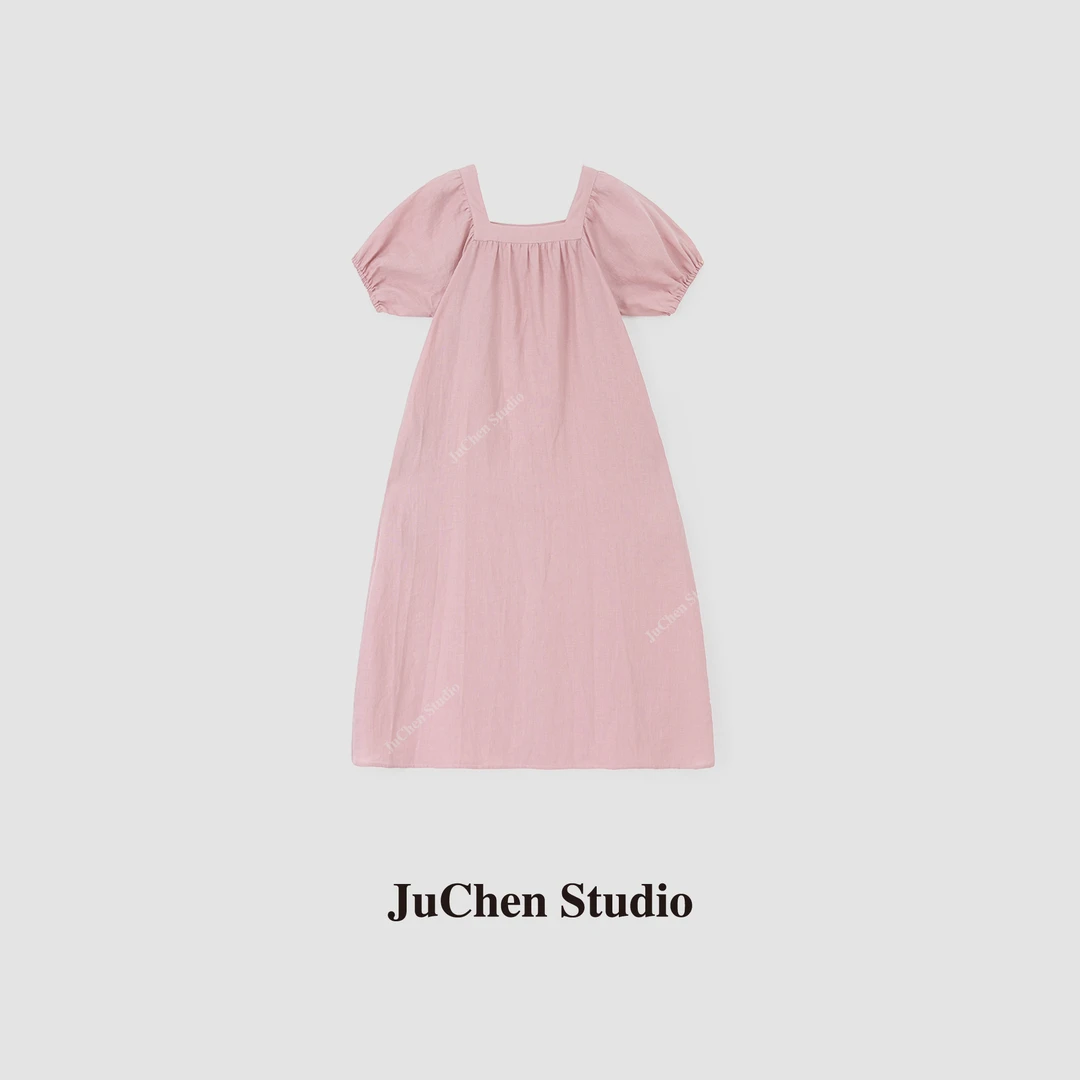 法式宫廷复古风亚麻方领连衣裙23061138