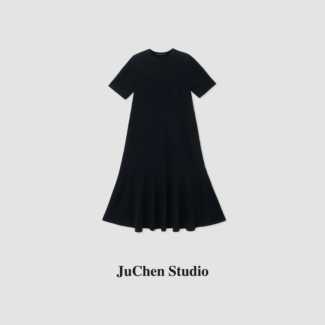 “鱼尾裙”棉 柔软舒适直筒H小廓形立裁黑色连衣裙 SS042451