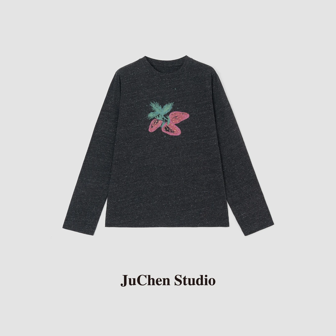 甜系草莓 做旧水洗棉芝麻花纱显瘦圆领印花长袖T恤FW92000-16
