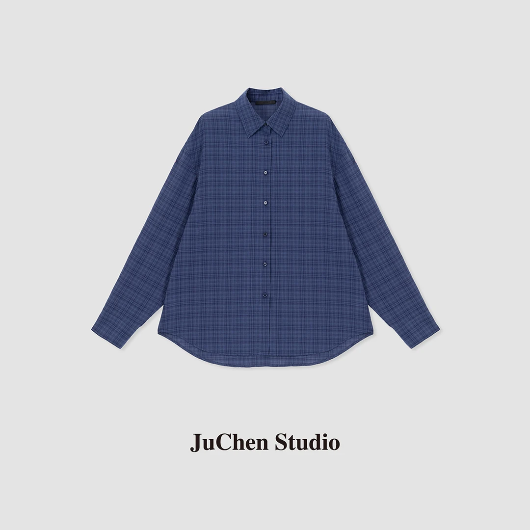 普鲁士蓝格细棉纱 轻薄垂感防晒空调格子衬衫SS032265