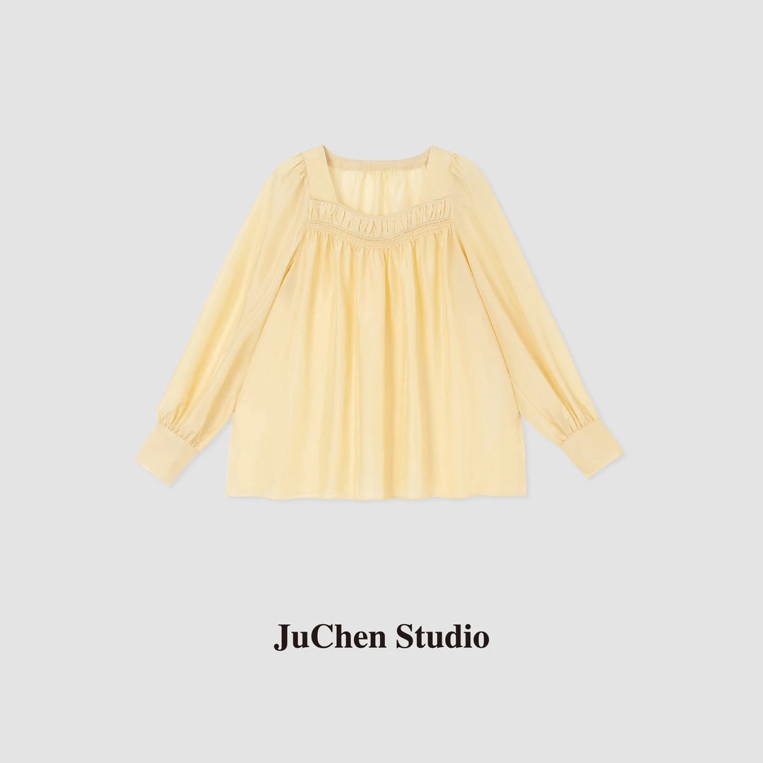 电影感法式浪漫 桑蚕丝樱草黄方领长袖衬衫SS58257-87