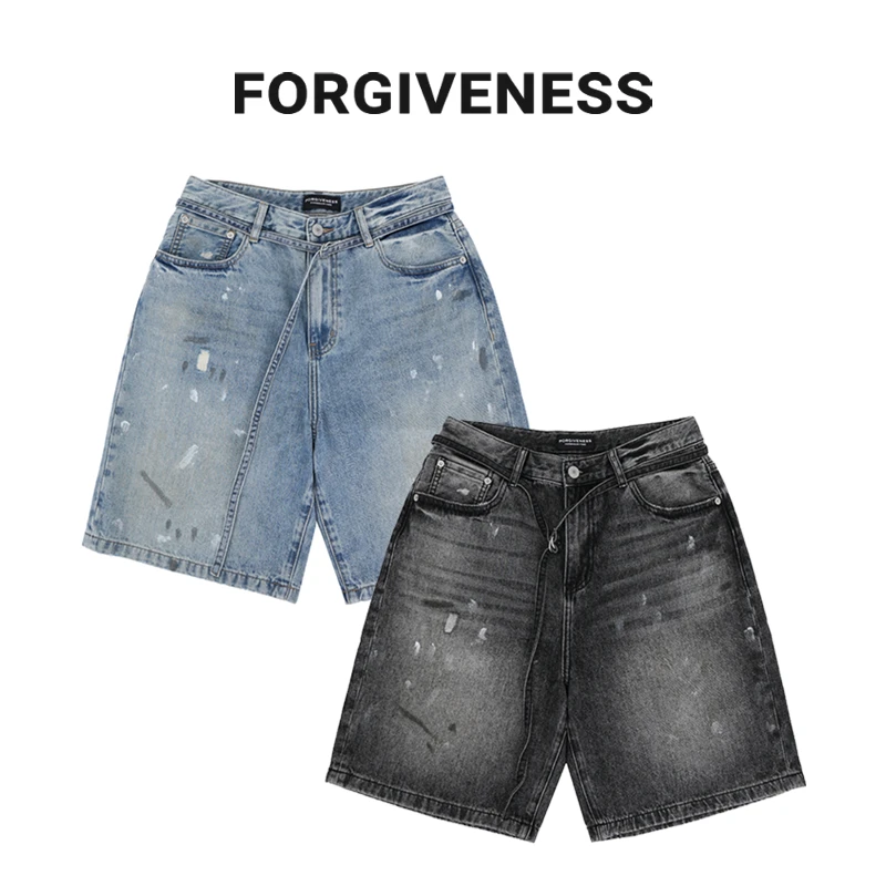 【BALI丘小丘】刷漆泼墨水洗做旧宽松直筒休闲夏季潮流牛仔短裤男女