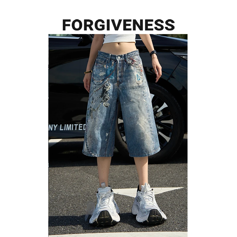 【BALI丘小丘】AC风格3D打印链条水洗做旧夏季直筒宽松七分牛仔裤男