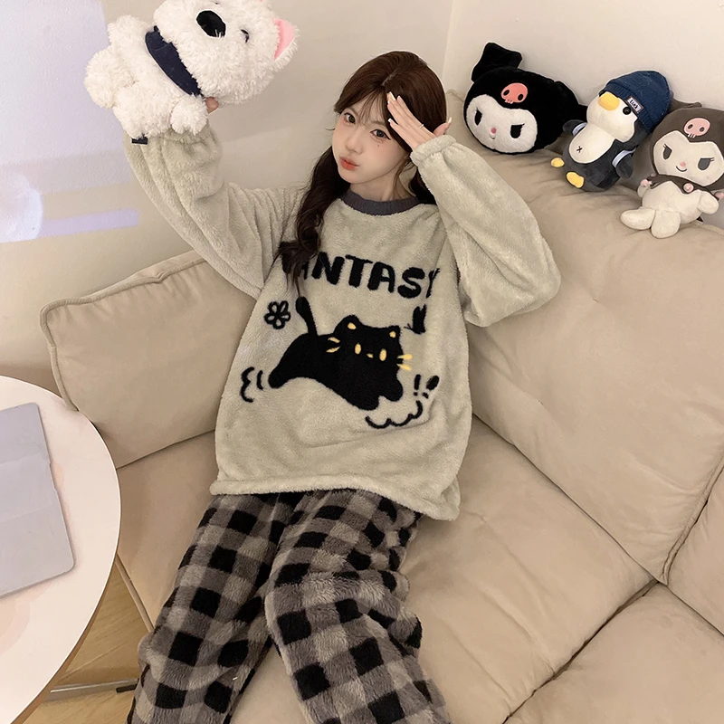 珊瑚绒卡通套头冬季2024新款睡衣女加绒加厚灰色黑猫家居服可外穿