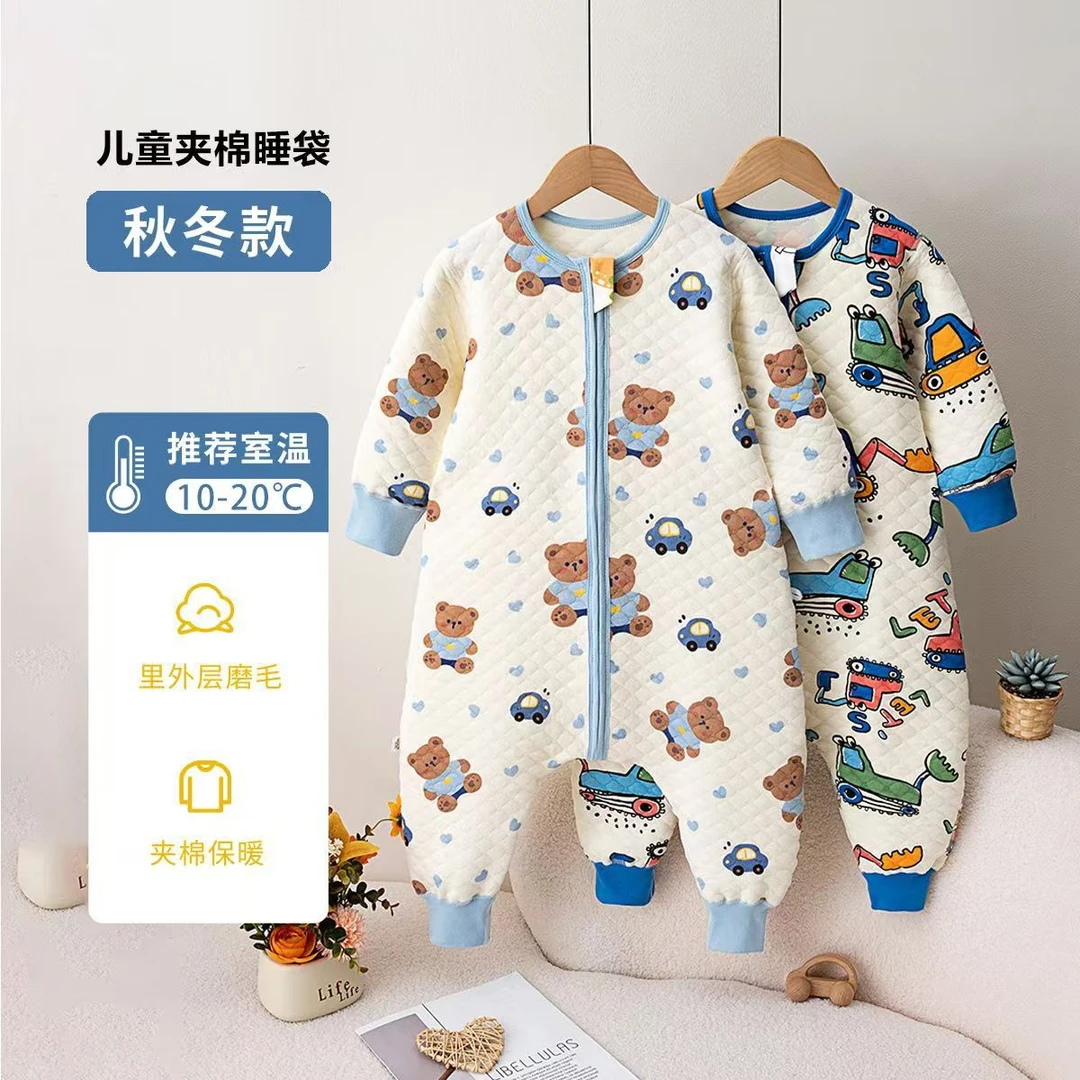 儿童睡袋秋冬保暖三层夹棉拉链连体衣服男女童宝宝无骨儿童睡衣服