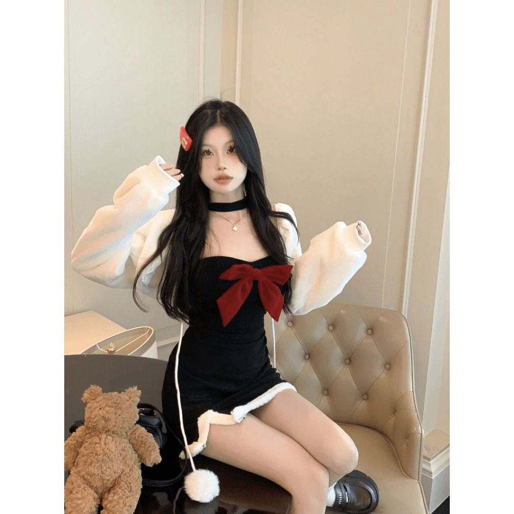 两件套装2023秋冬新款欲风毛绒绒短款外套+蝴蝶结抹胸连衣裙女