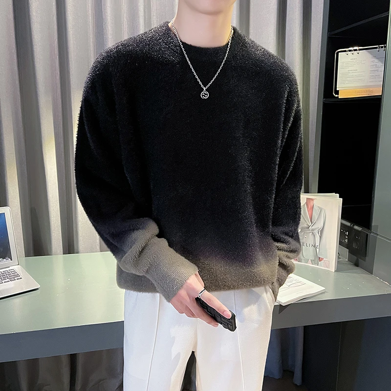 仿水貂绒毛衣男款冬季潮牌渐变色加厚针织衫2024新款秋冬装打底衫
