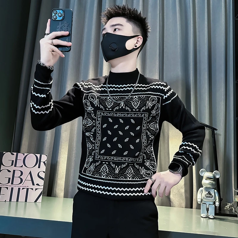 民族风提花毛衣男款秋冬季2025新款长袖内搭半高领线衣打底针织衫